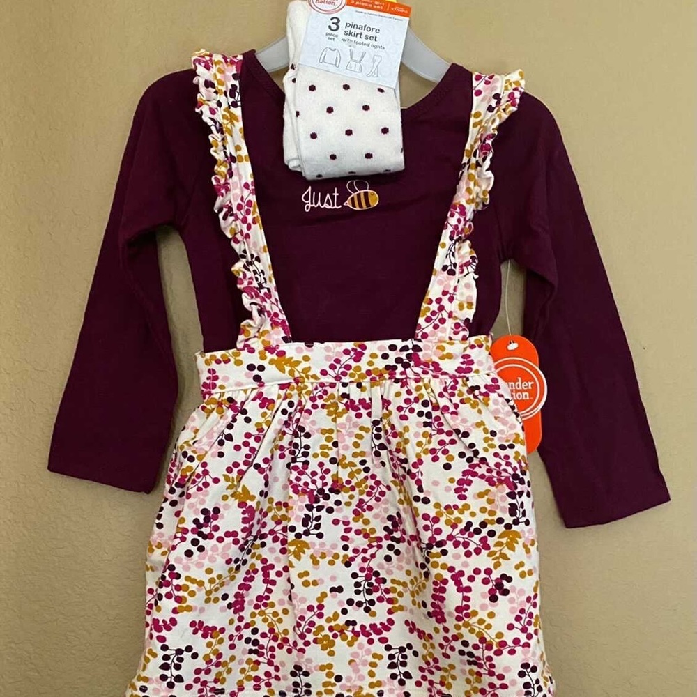 New Toddlers Girls 3 Pcs Set Pinafore Skirt, Long Sleeve Top and Tights Size 5T